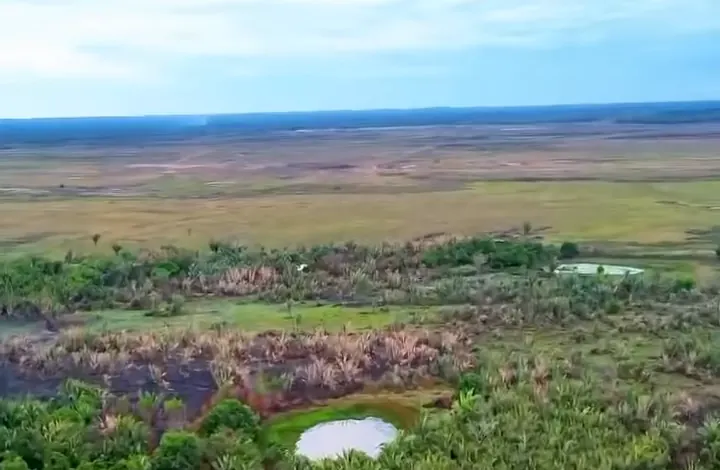 Vista aérea do terreno da refinaria, com mato, uma lagoa e o horizonte plano